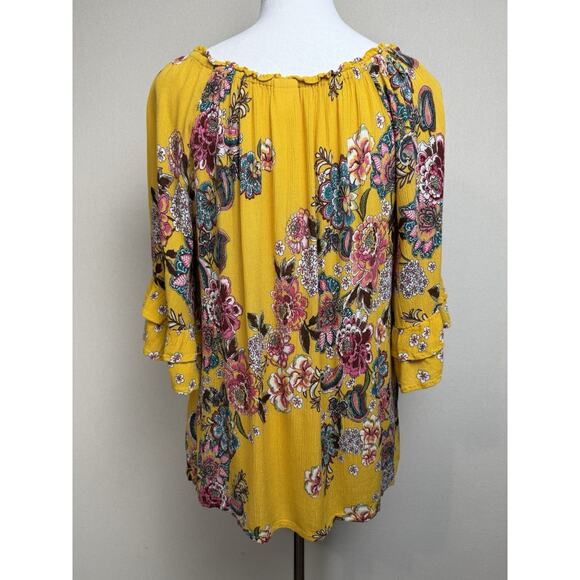 Bila Yellow Floral Blouse Top 3/4 Sleeves Sz M Ruffle Sleeves Tassel Tie - Picture 5 of 12